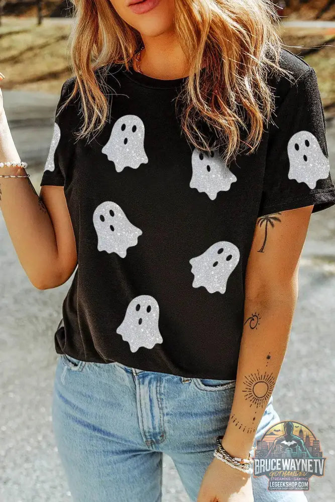 👻 T-Shirt Fantôme Paillettes Femme - Col Rond Manches Courtes Scintillant 👻