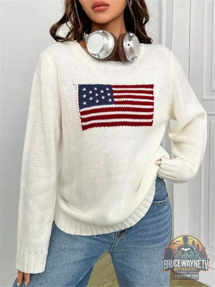 US Flag Round Neck Long Sleeve Sweater
