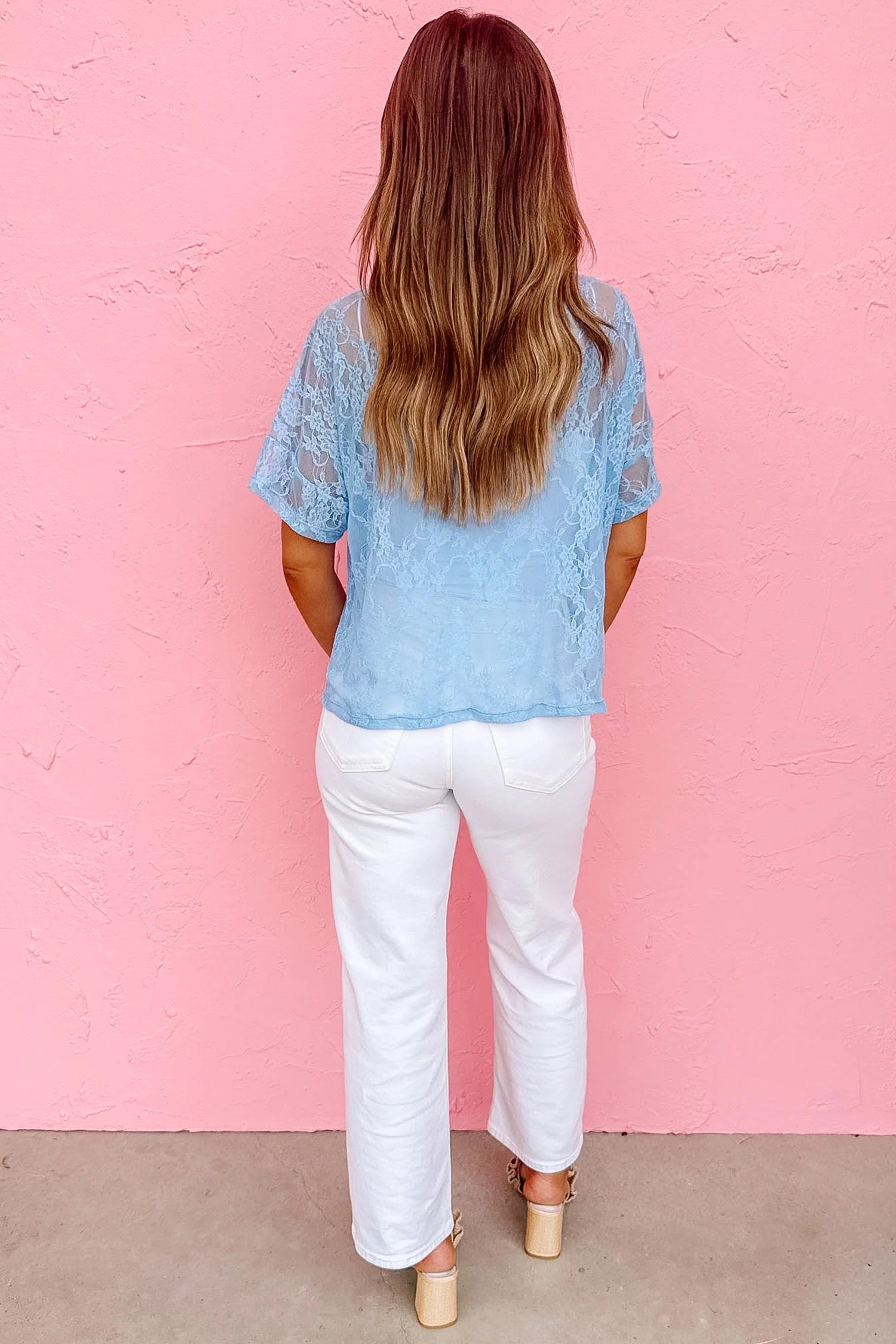 Beau Blue Sheer Floral Lace Boxy Tee
