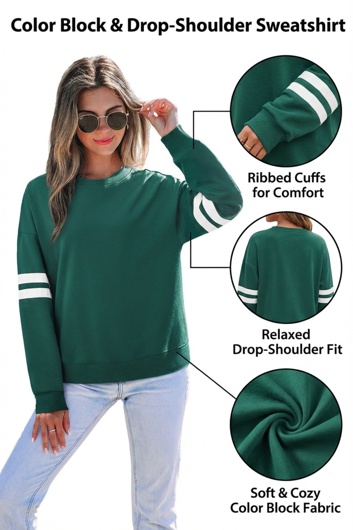 Sweat détails varsity, épaules tombantes, oversized — blanc