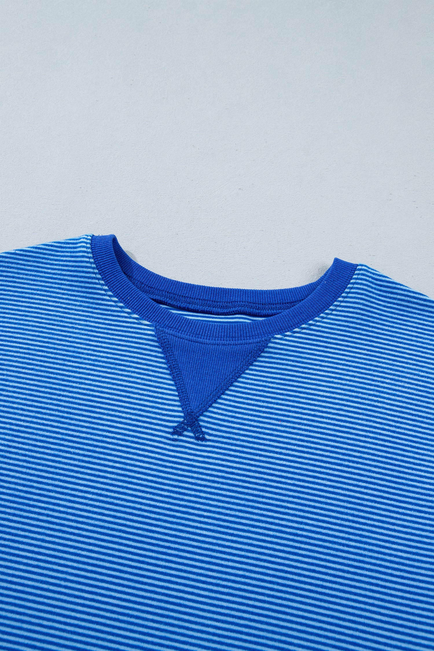 Blue Stripe Ribbed Cuffs Hem Long Sleeve Pullover Top