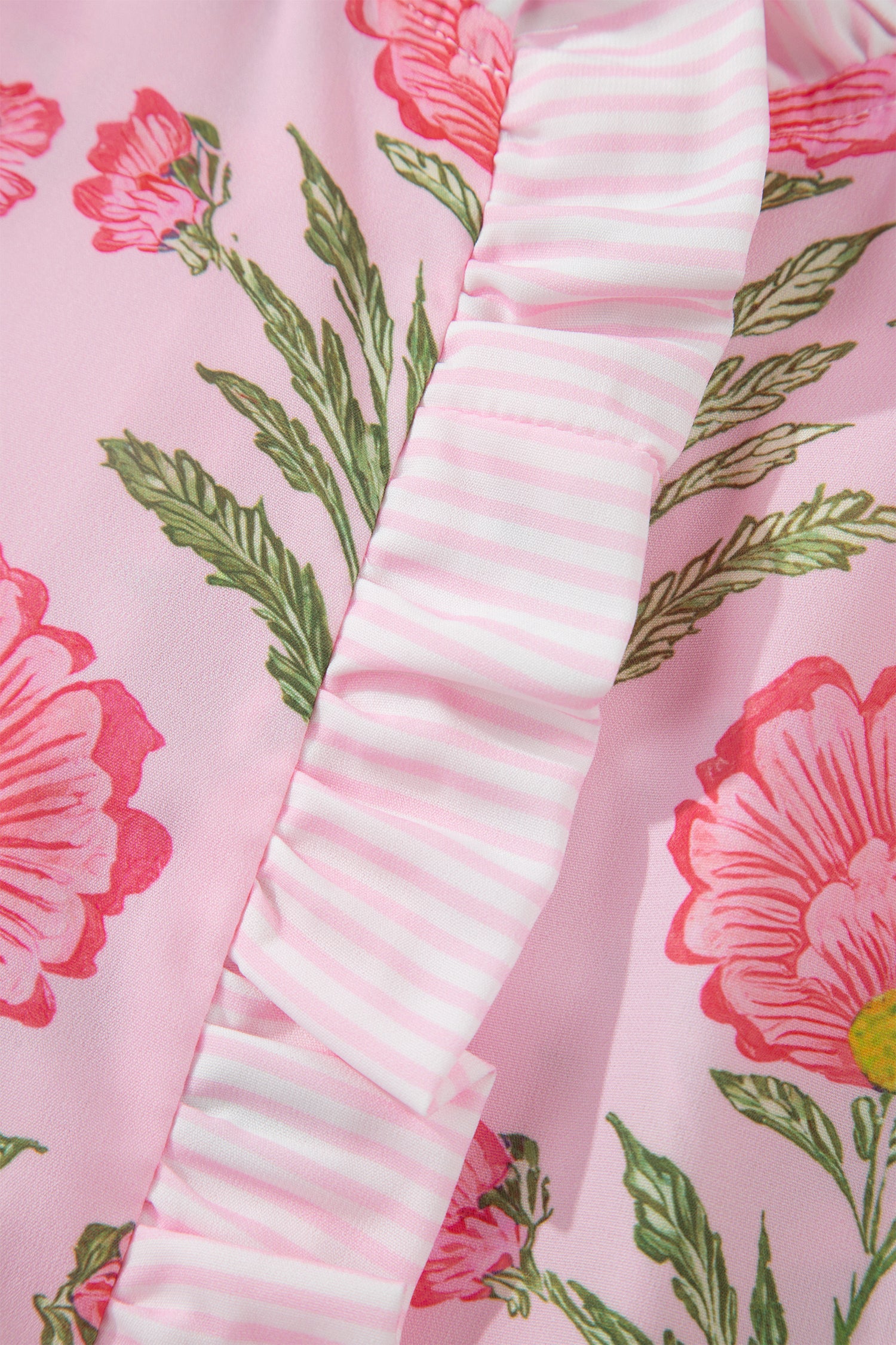 Pink Sweet Blooms Ruffle Striped Trim Puff Sleeve Shirt