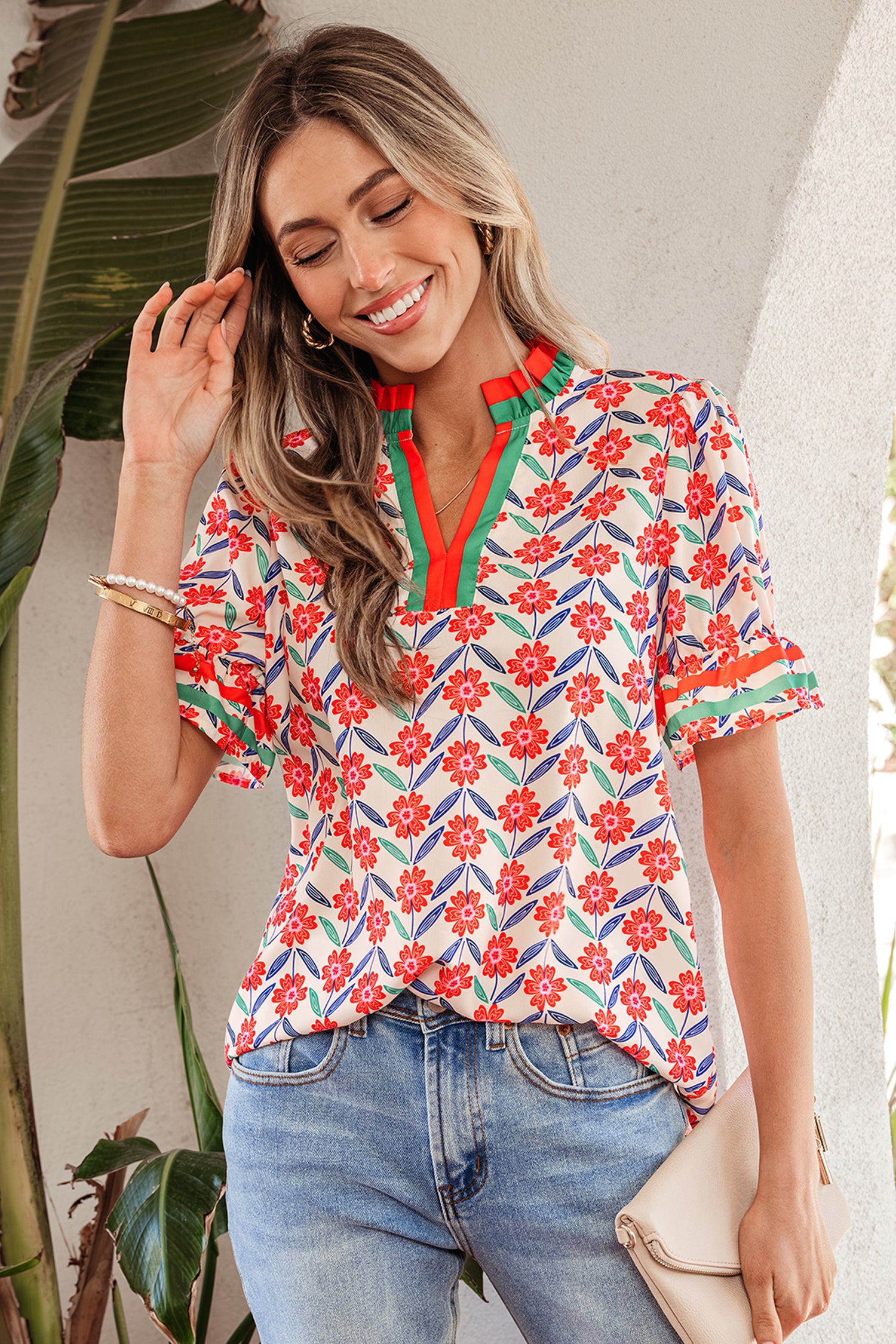 Red Floral Print Striped — Tops/Blouses & Shirts, vue 4, LeGeekShop