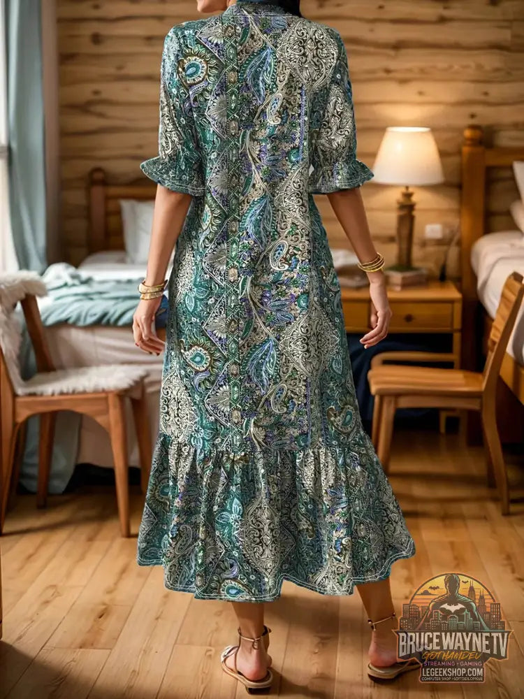 Robe Midi Plus Size en Imprimé Paisley Boho avec Volants, idéale pour les occasions estivales