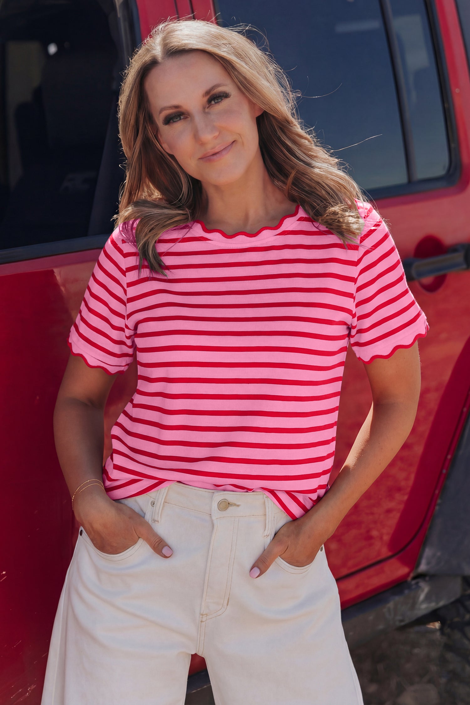 Black Stripe Scalloped Trim Round Neck T Shirt