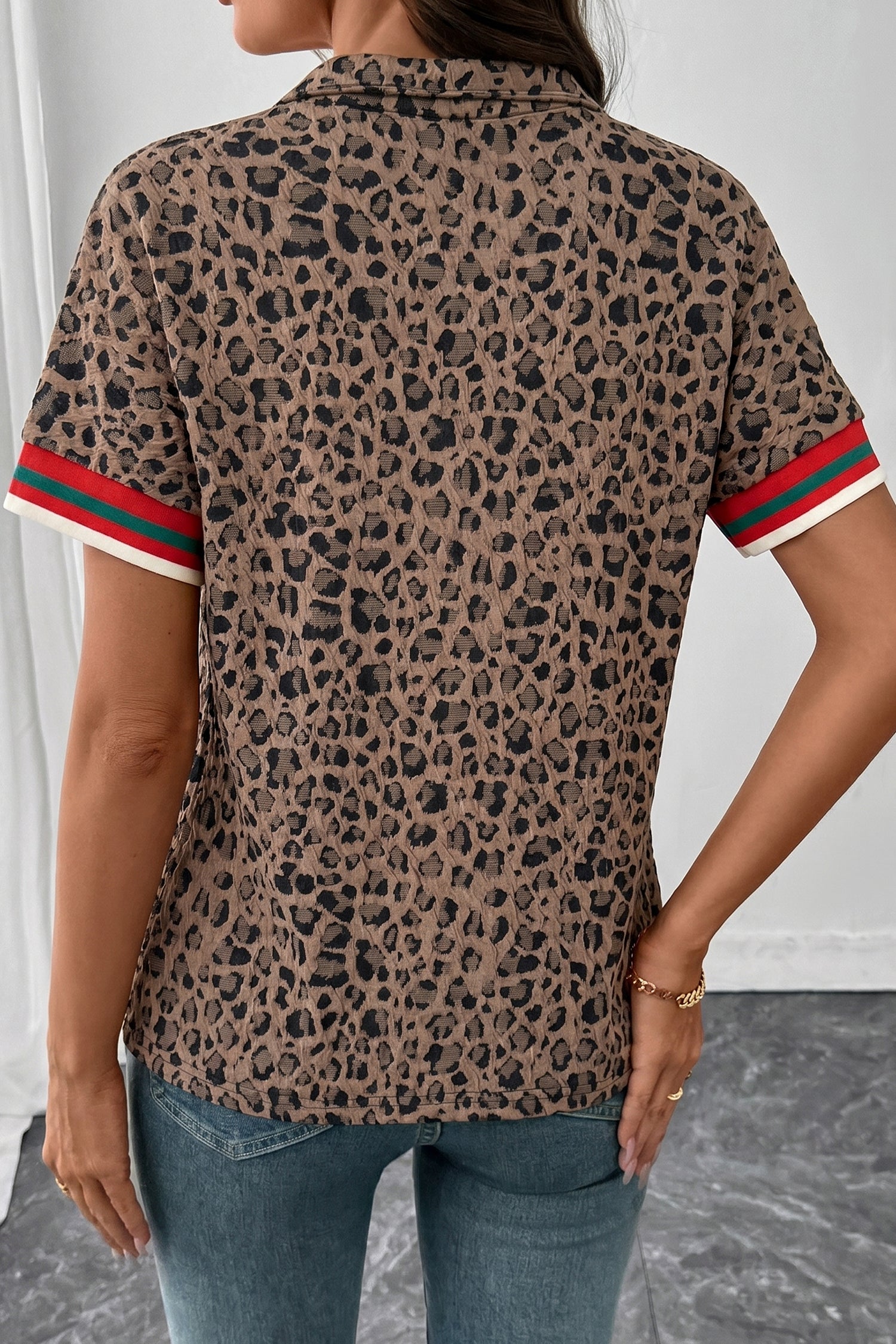 Brown Leopard Jacquard Striped — Tops/Blouses & Shirts, vue 4, LeGeekShop