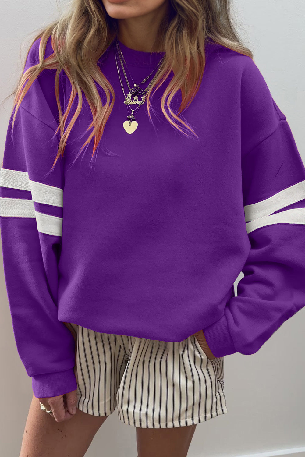 Sweat détails varsity, épaules tombantes, oversized — blanc