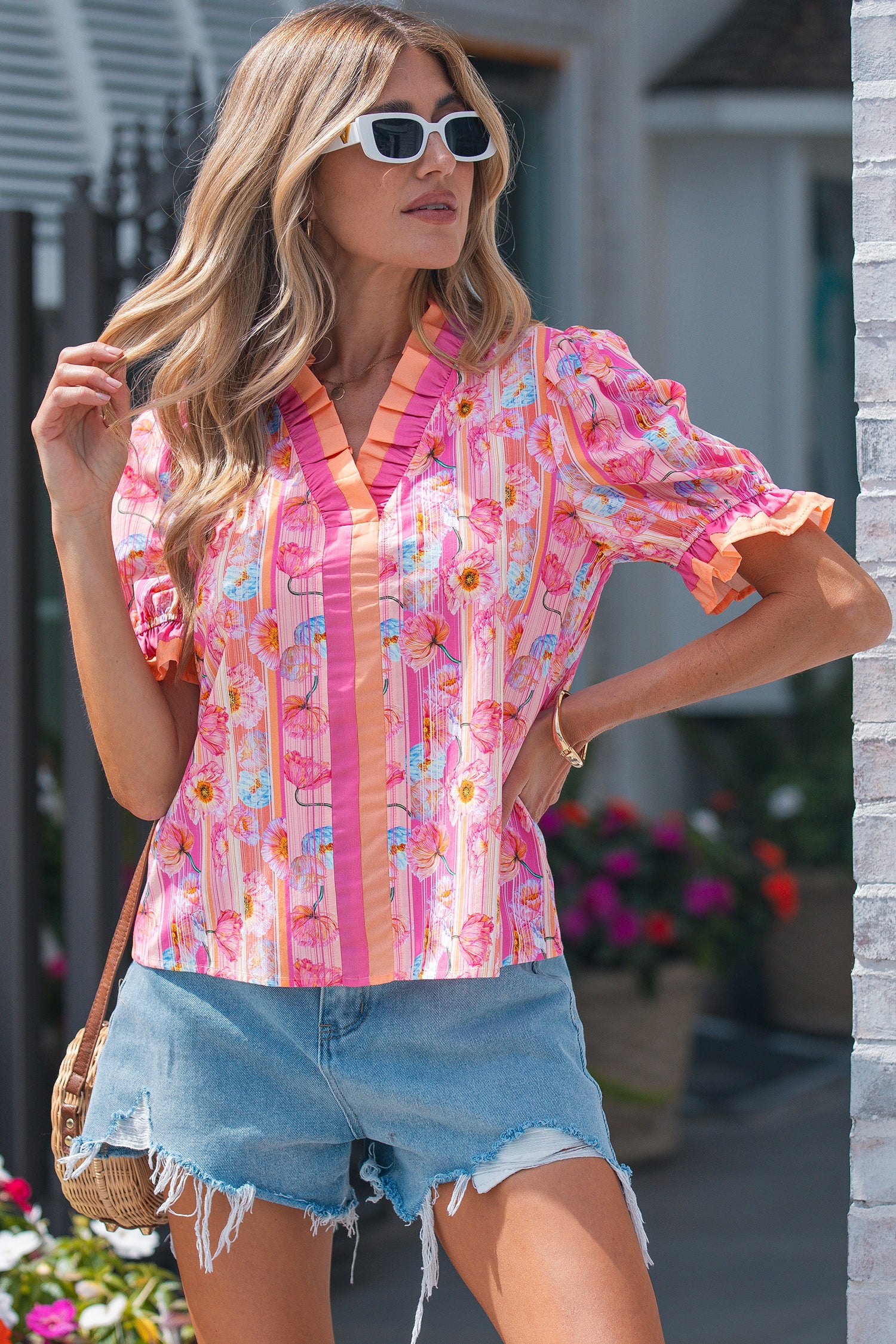 Pink Poppy Flower Striped — Tops/Blouses & Shirts, vue 6, LeGeekShop