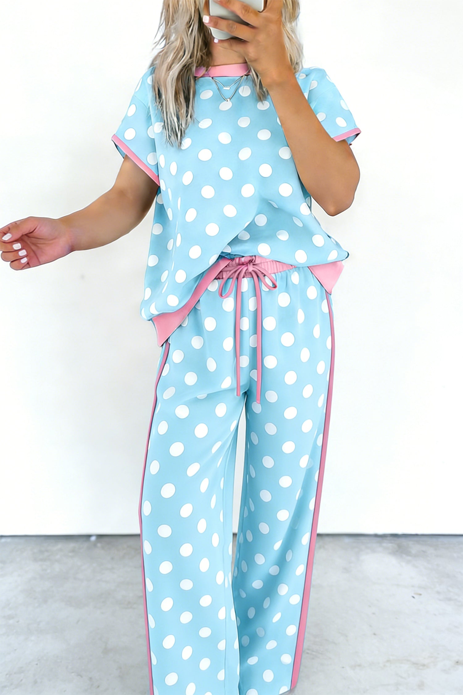 Ensemble femme pois, manches courtes — bleu ciel