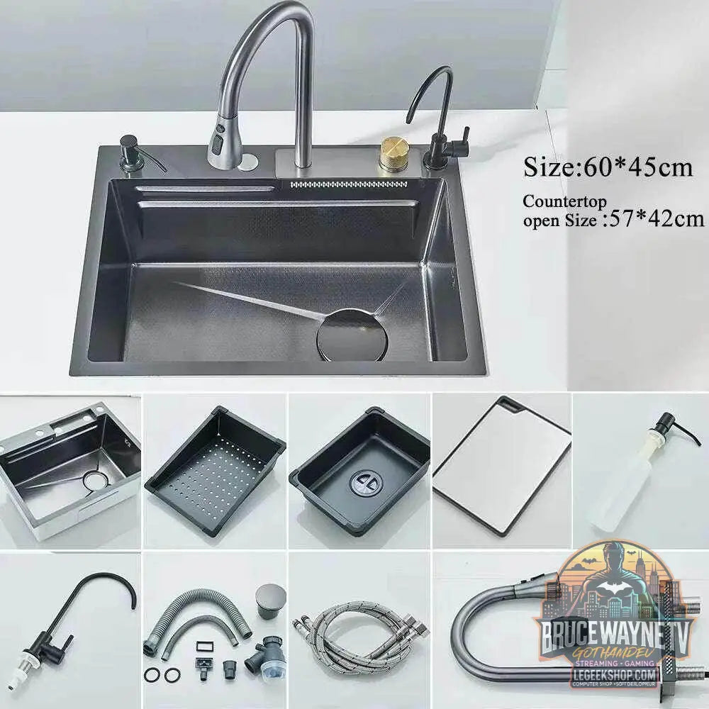 🚰 Évier cascade en acier inoxydable 304 – Affichage numérique & accessoires intégrés - Legeekshop