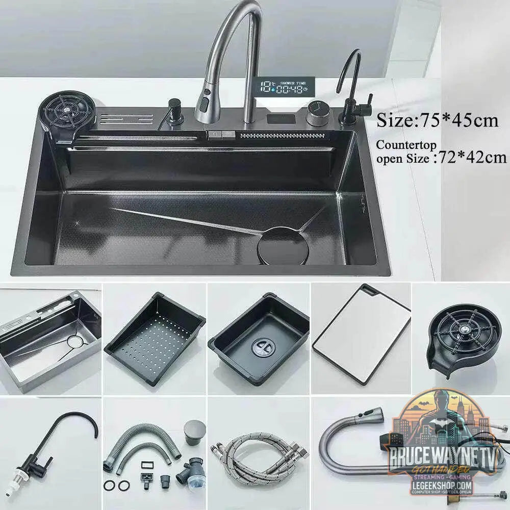 🚰 Évier cascade en acier inoxydable 304 – Affichage numérique & accessoires intégrés - Legeekshop