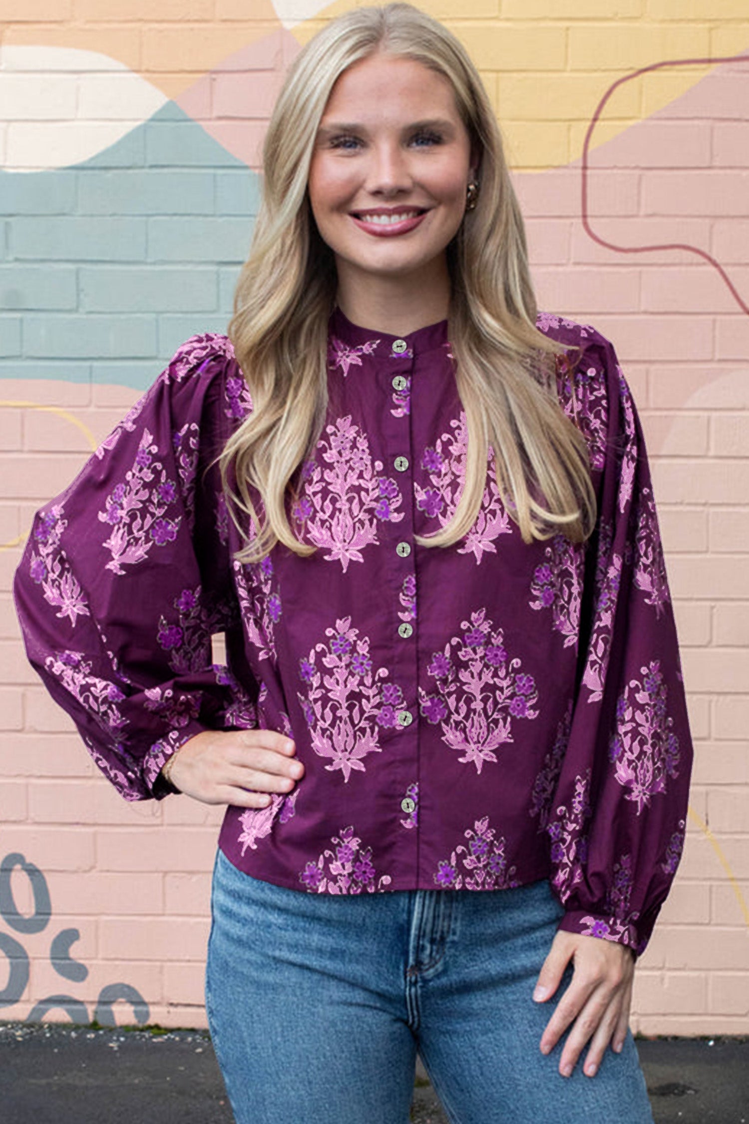 Purple Floral Print Button — détail Tops/Blouses & Shirts, vue 8, LeGeekShop