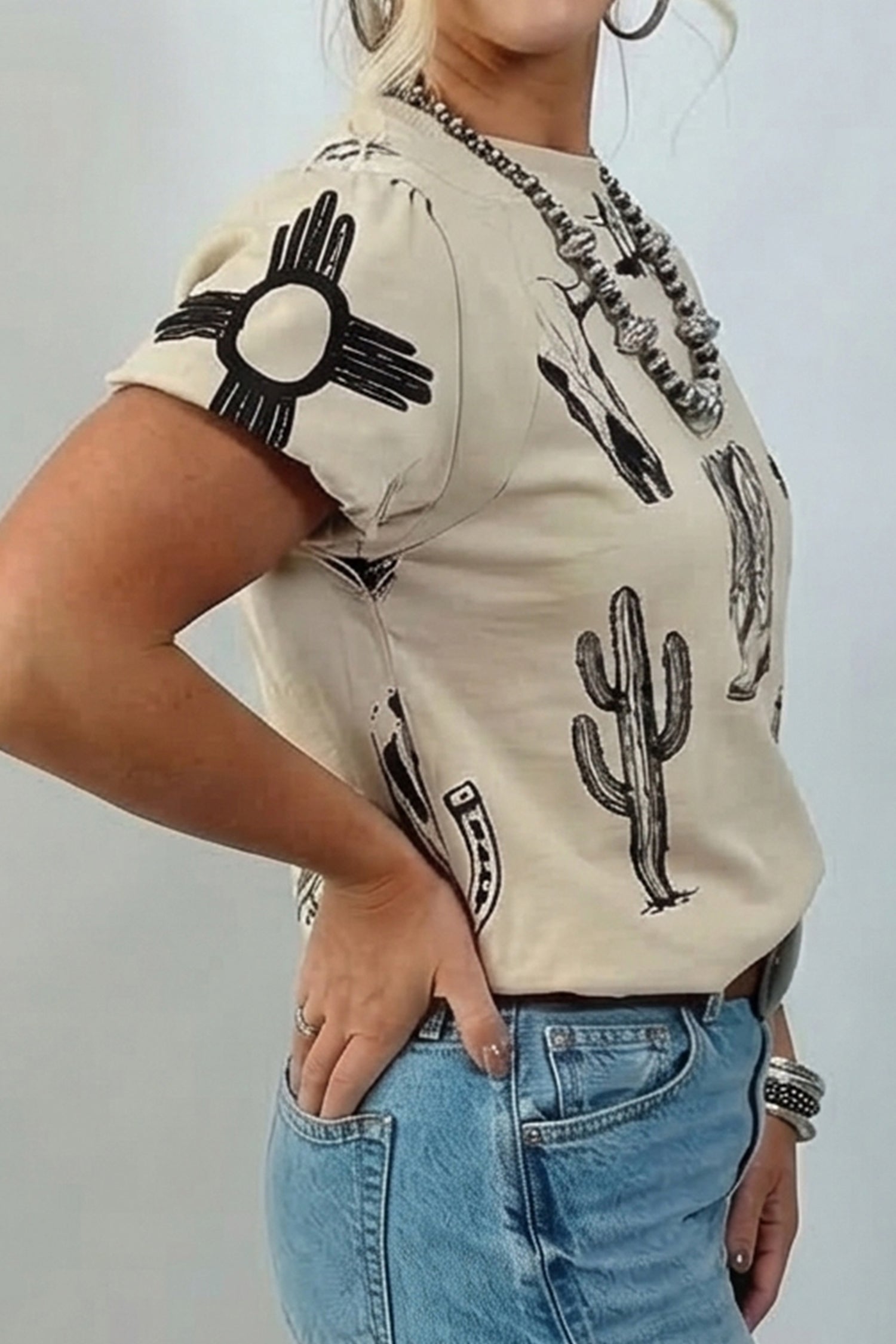 Beige Retro Western Print T Shirt