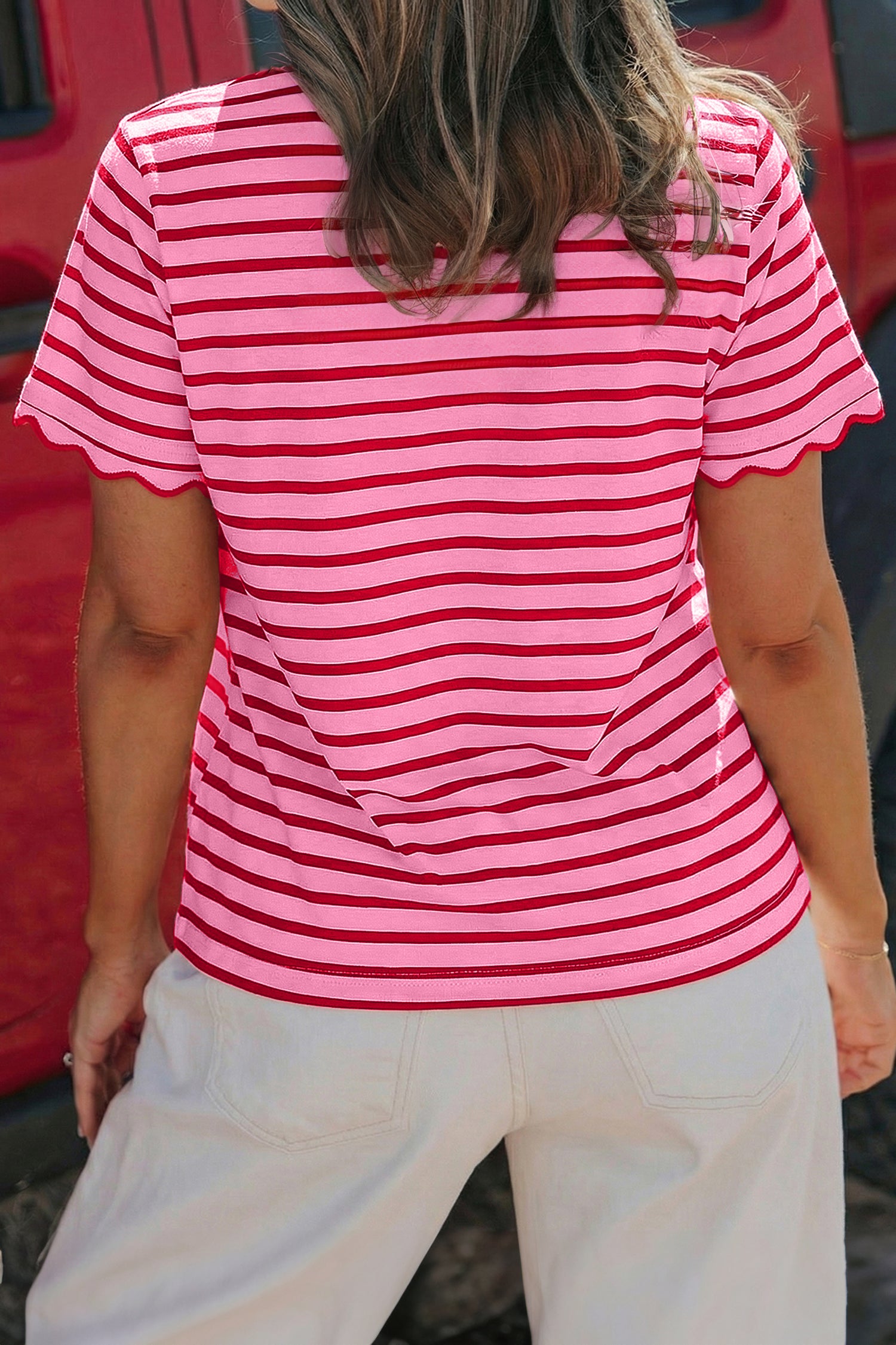 Black Stripe Scalloped Trim Round Neck T Shirt