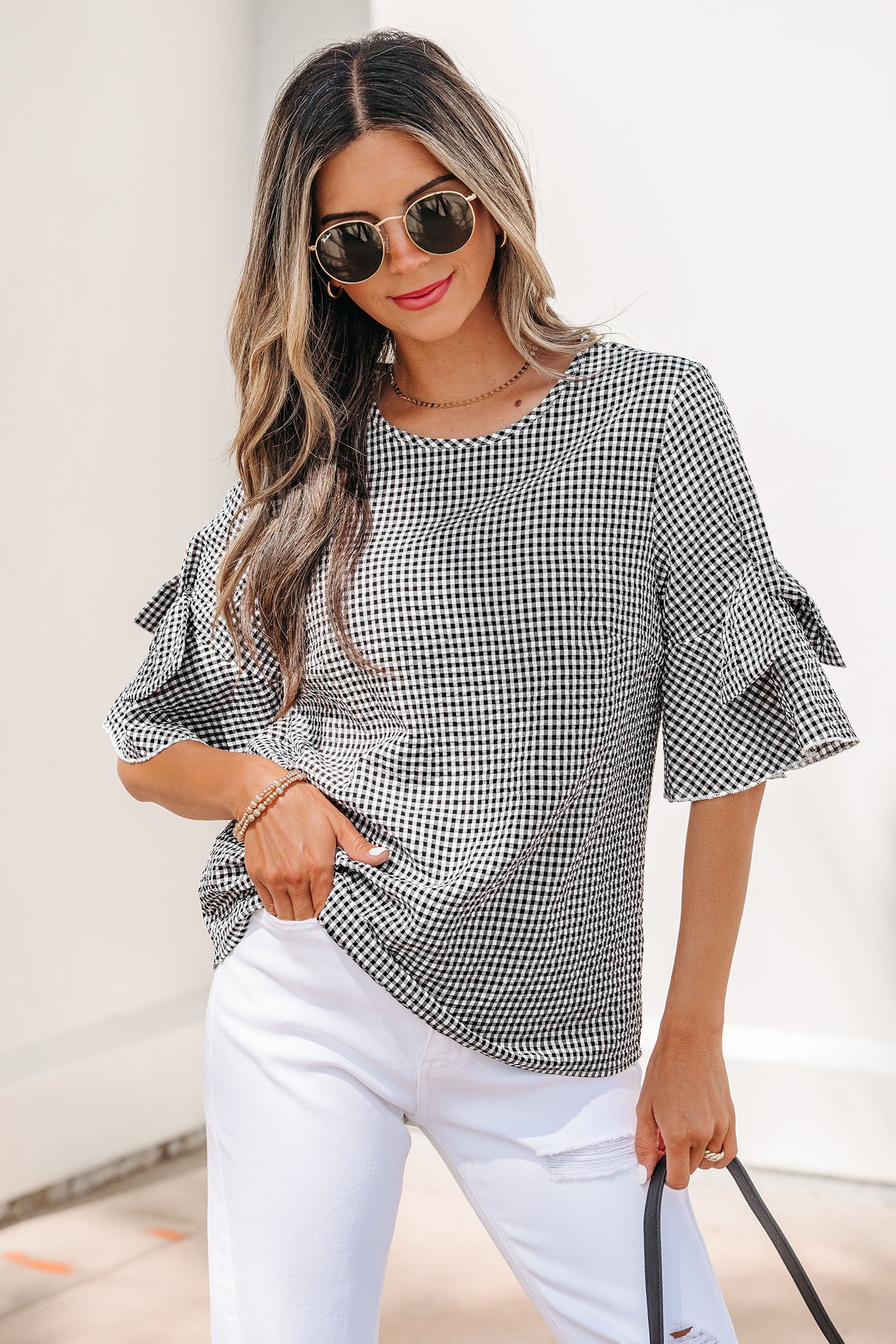 Black Plaid Bow Ruffled — Tops/Blouses & Shirts, photo principale LeGeekShop