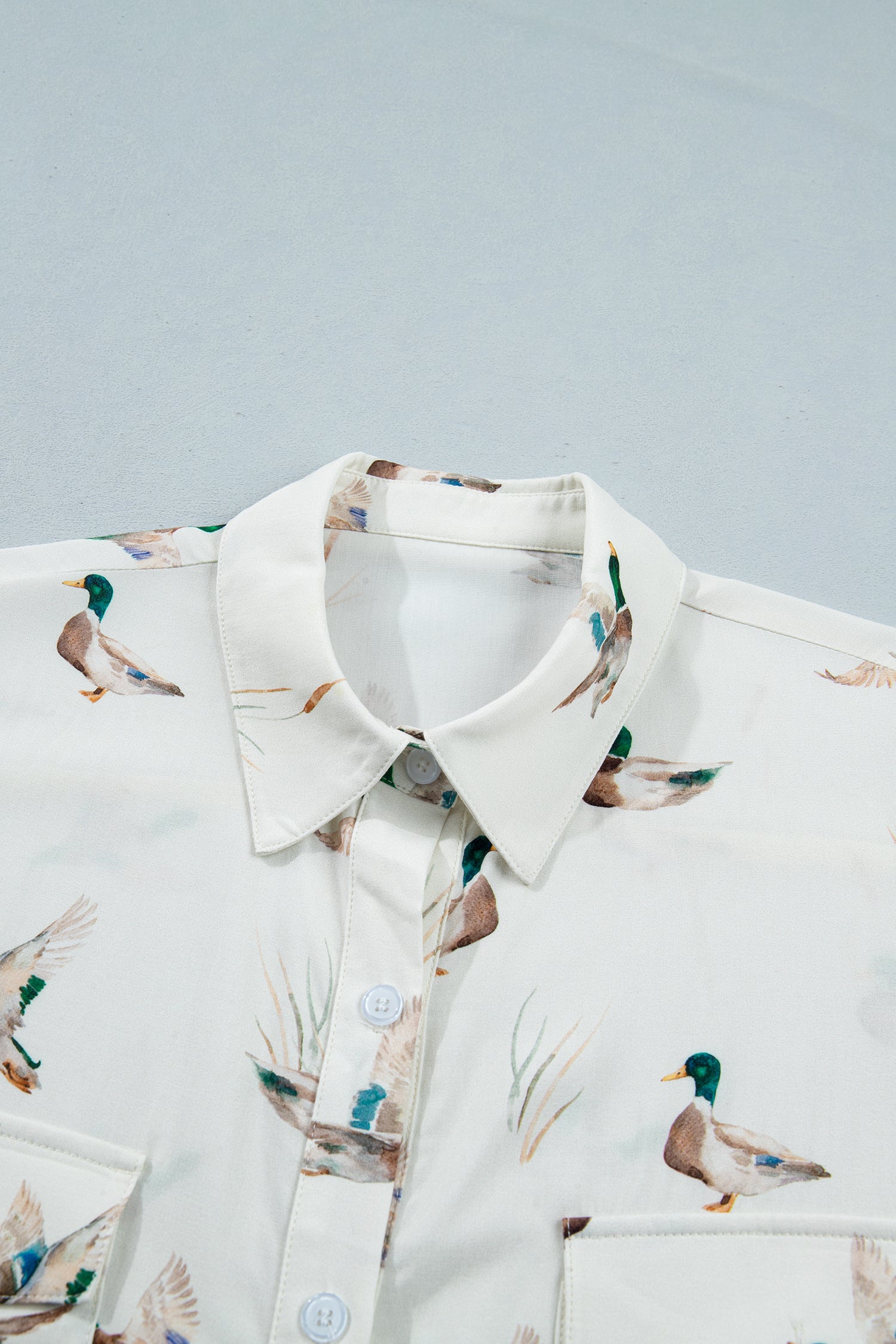 White Mallard Printed Button Flap Pocket Short Sleeve Shirt
