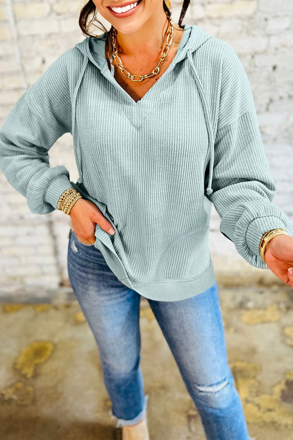Clearly Aqua Ribbed Drop Shoulder Knit Hoodie femme