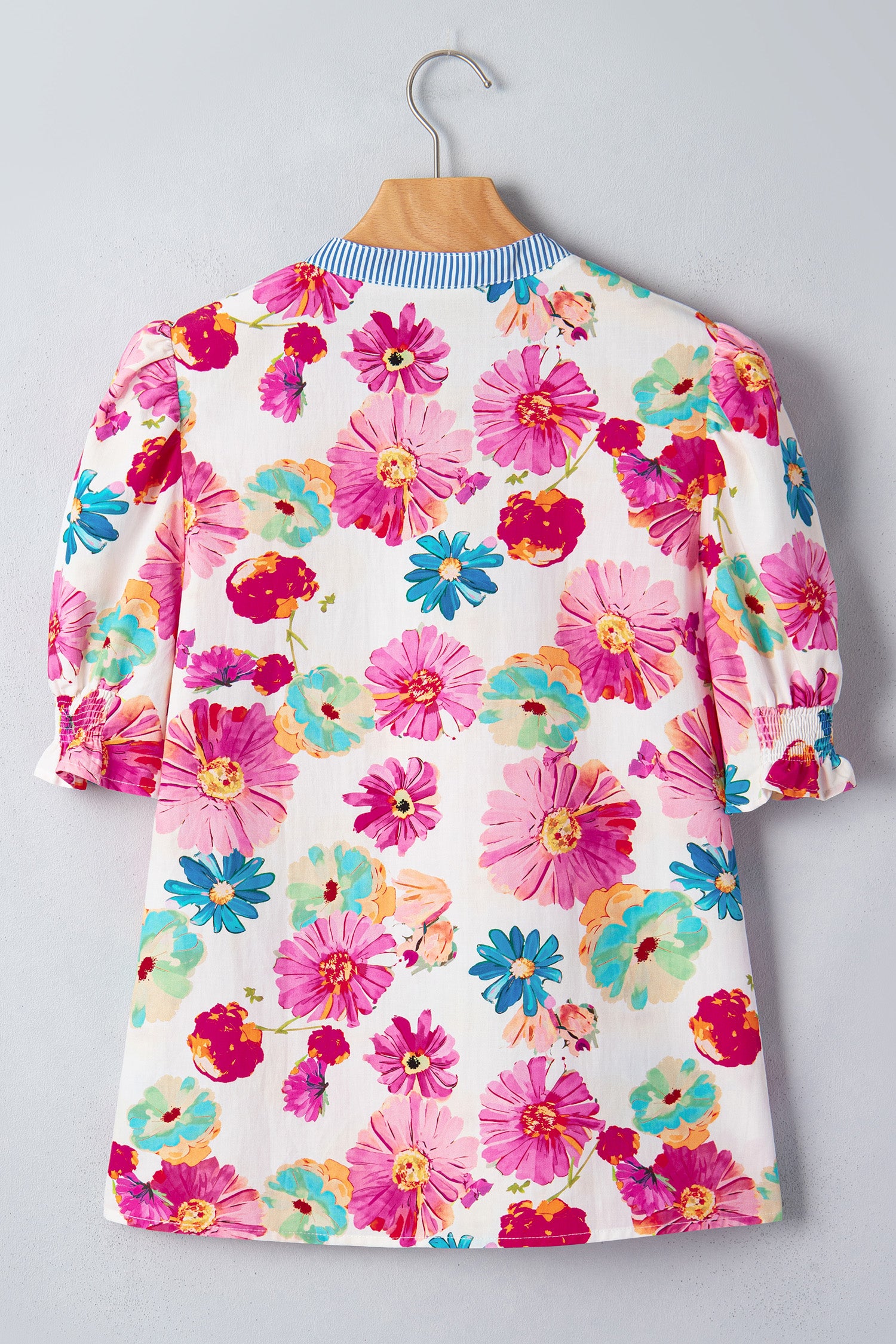 Beige Floral Print Short Puff Sleeve Striped Trim V Neck Blouse