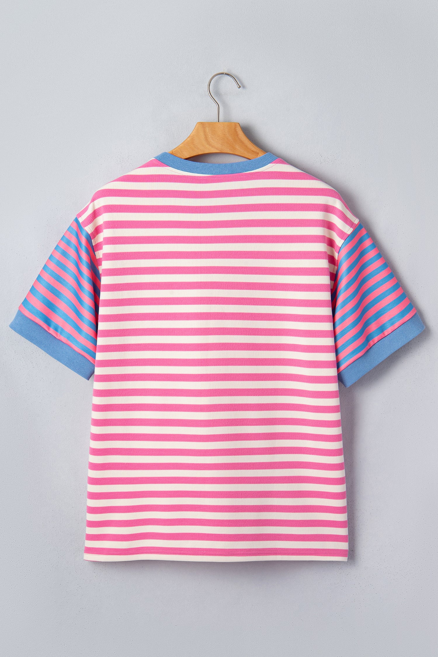 Pink Stripe Contrast Patchwork Short Sleeve Loose Tee