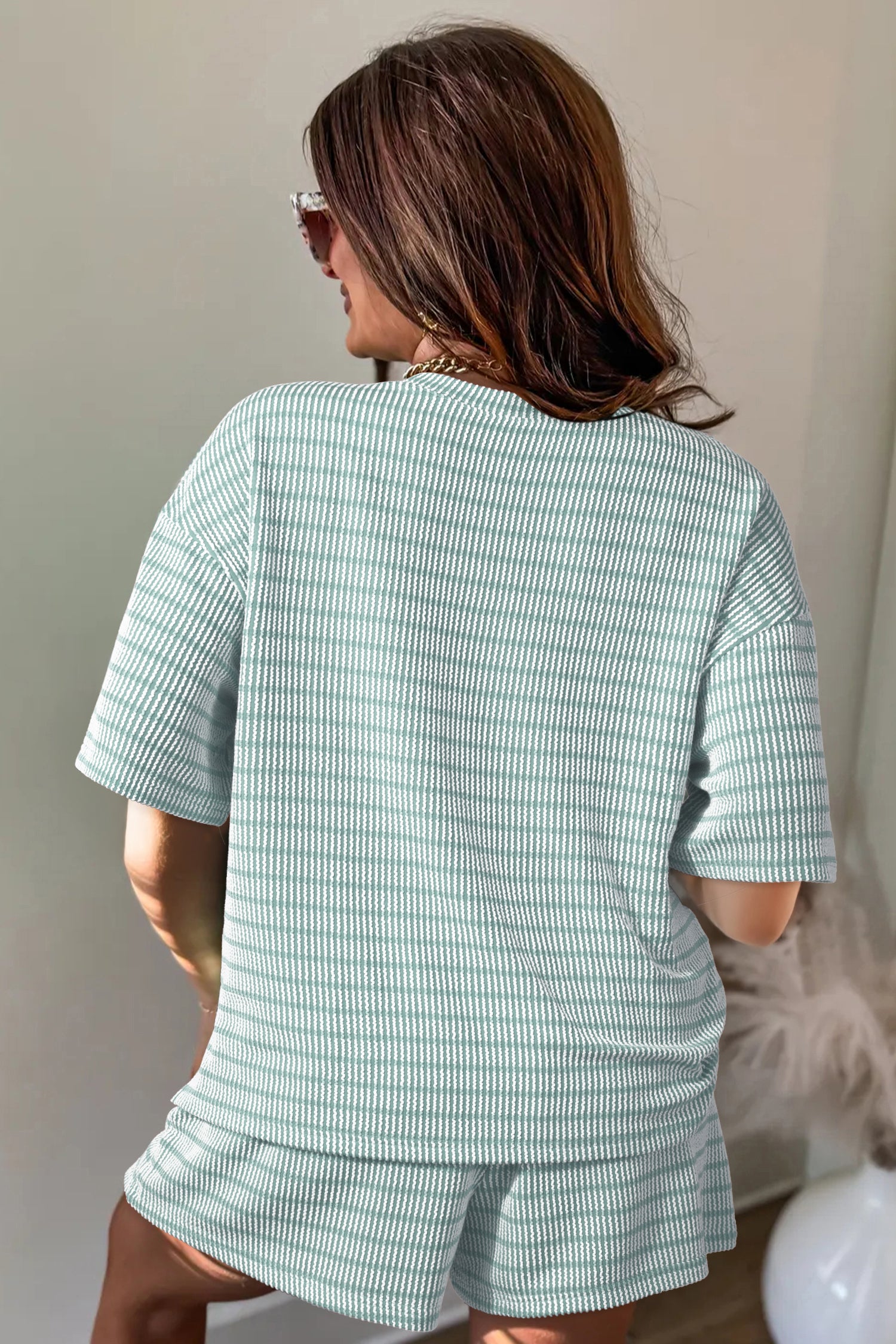 Sky Blue Stripe Raised Rib Loose Tee Drawstring Elastic Waist 2pcs Short Set
