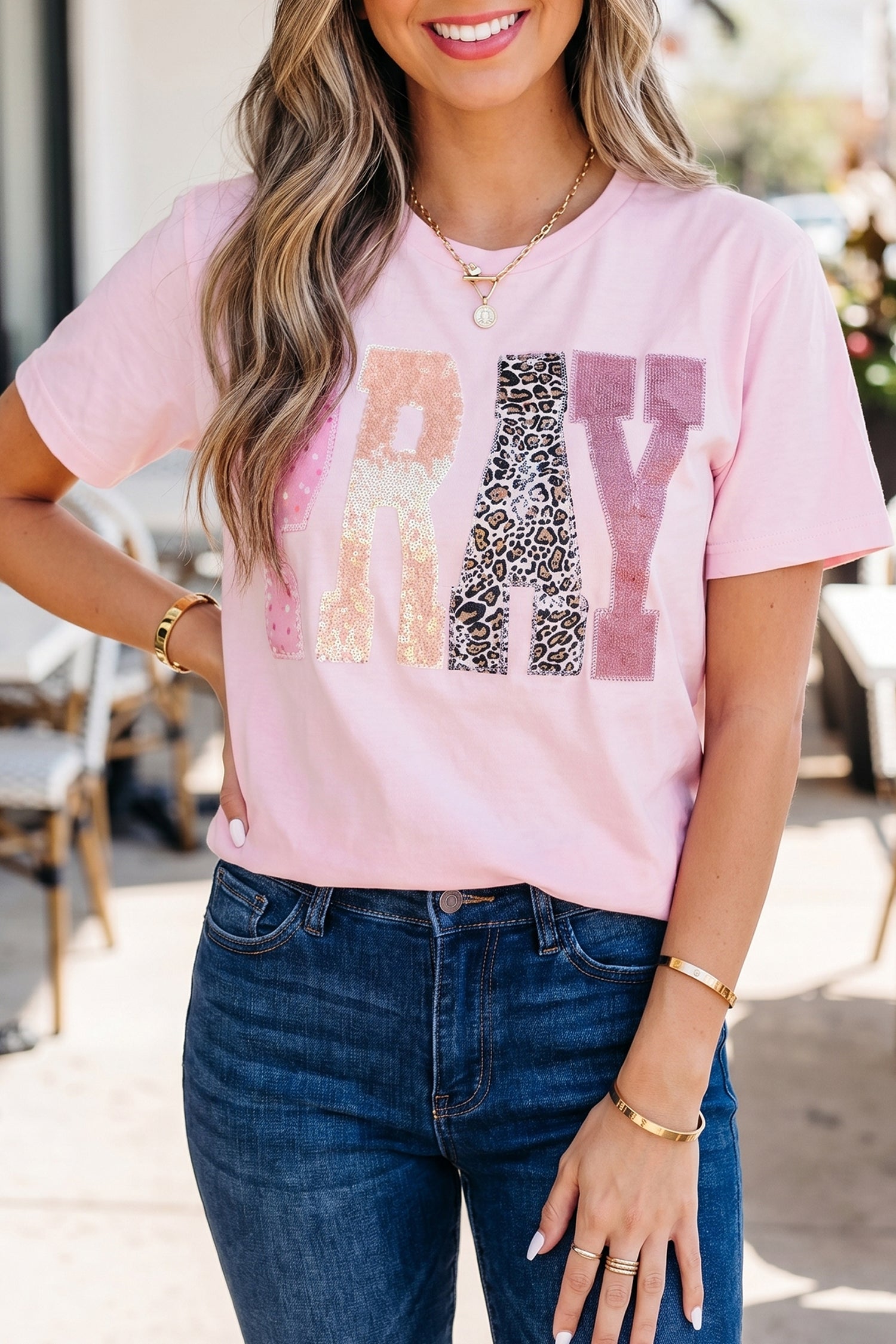 Pink PRAY Sequin Leopard — Tops/Tops & Tees, photo principale LeGeekShop