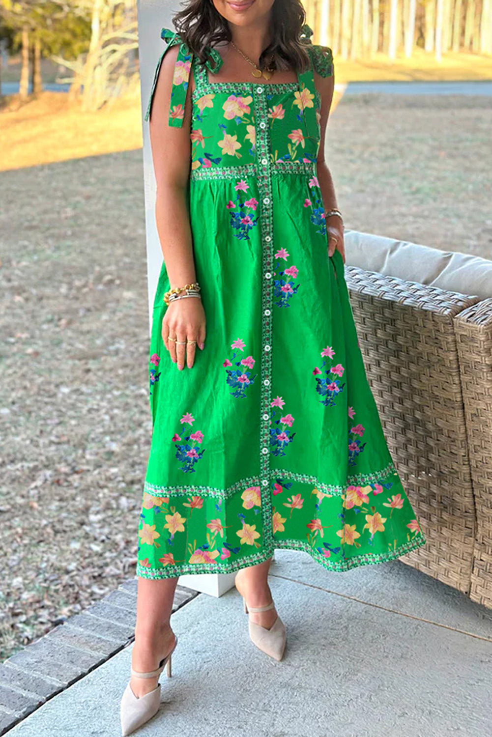 Robe midi femme floral, bretelles, bordure contrastée, midi — vert