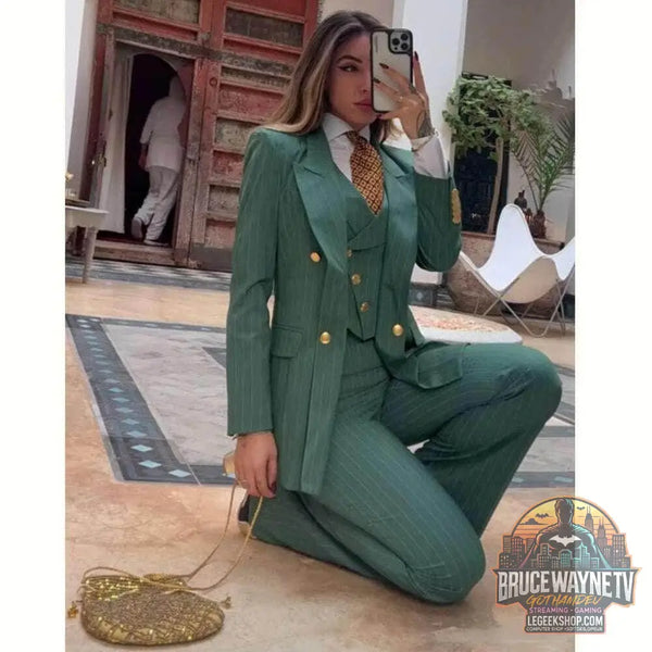 ✨ Costume Femme 3 Pièces Vert Rayé – Élégance Formelle & Style Cintré - Legeekshop