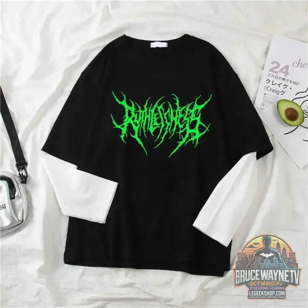 T-shirt à col rond imprimé pour femme, haut à manches longues, chemise d'extérieur, mince, style sombre punk, mode sport, Harajuku, Y2K | Wayne Outfitters - Legeekshop