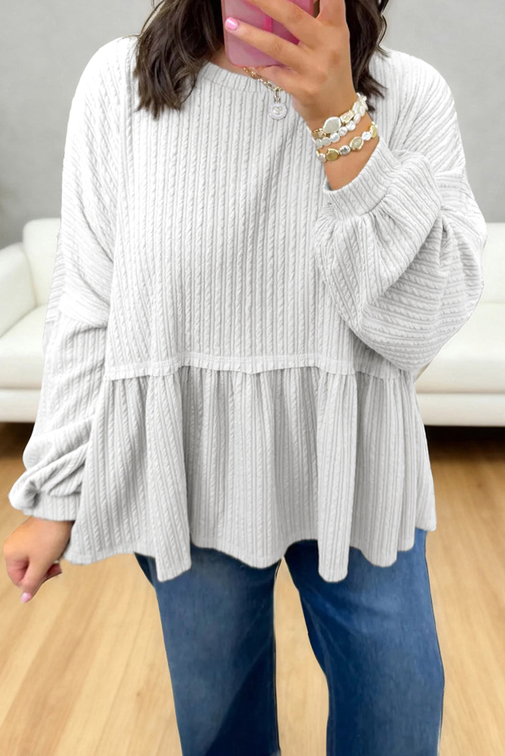 Haut femme manches longues, épaules tombantes, uni — blanc