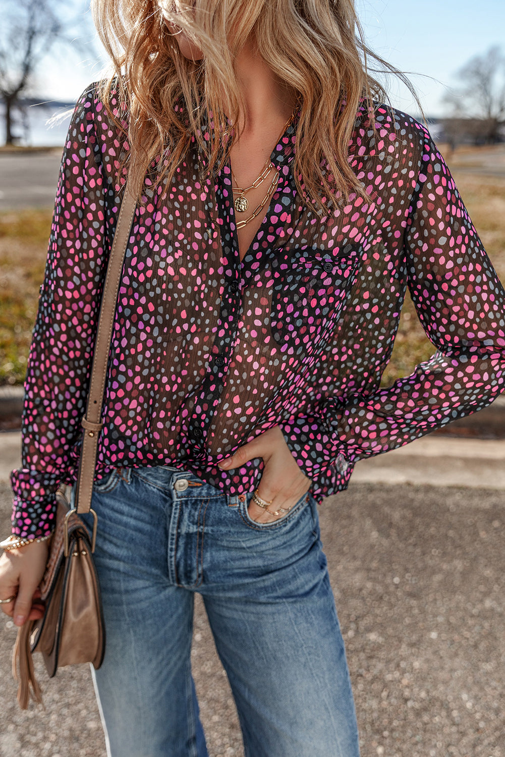 Chemise femme pois, boutonnée, casual — bordeaux · LC2555540-P1608 · LC2555540-P1608-L