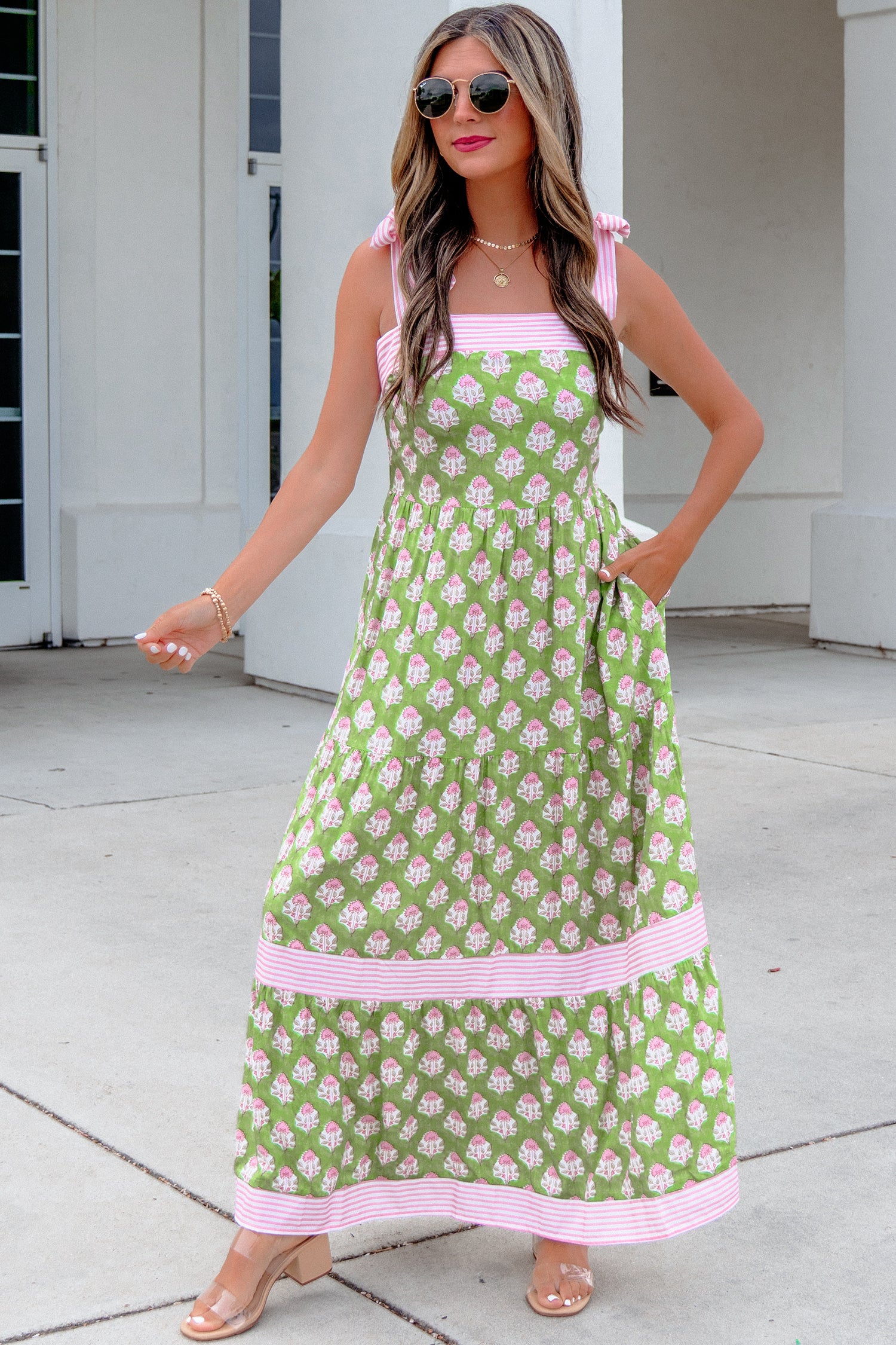 Green Floral Print Striped — Dresses/Floral Dresses, photo principale LeGeekShop