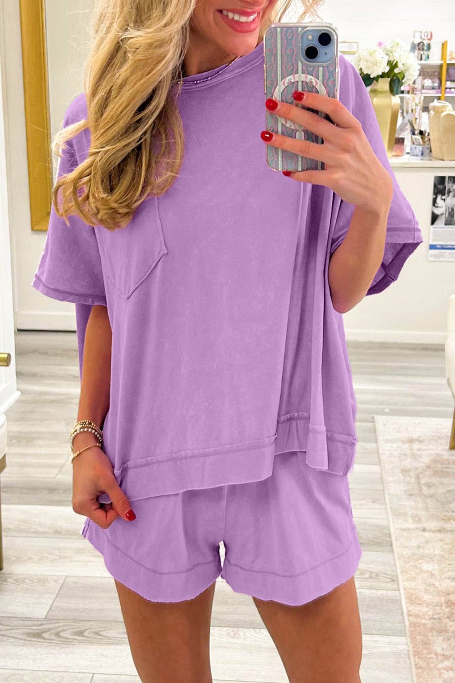 Mint Green Raw Edge Patch Pocket Oversized Top and Shorts Set