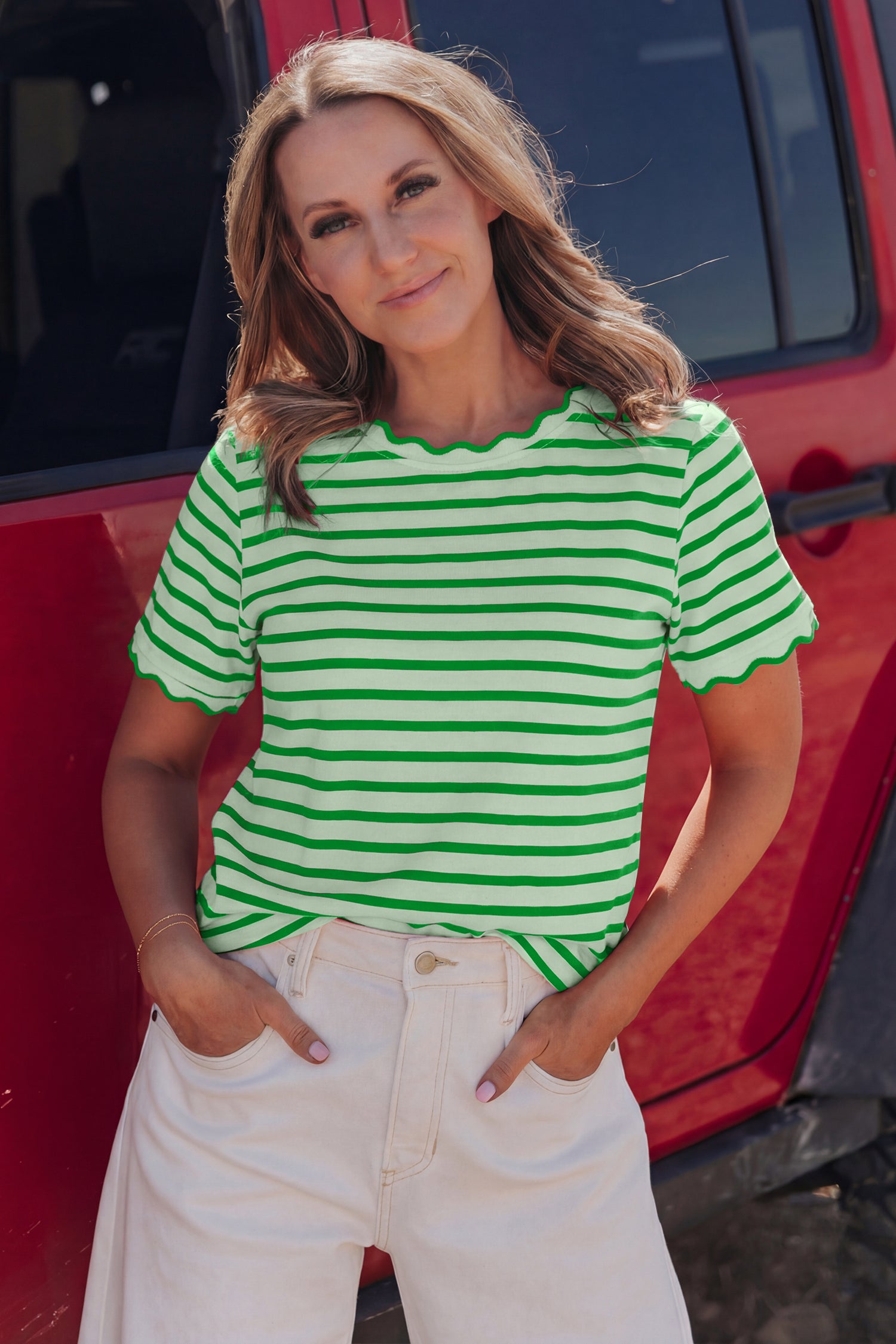 Black Stripe Scalloped Trim Round Neck T Shirt