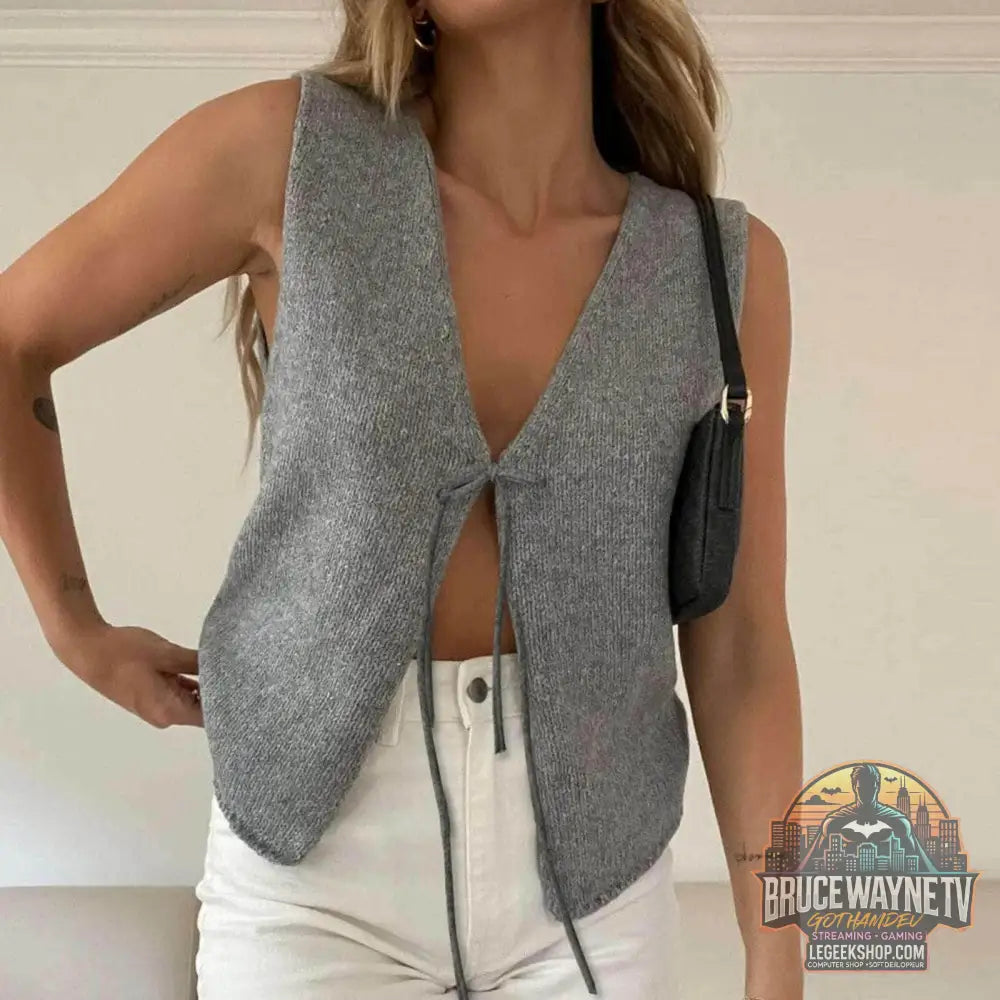 🧶 Pull gilet tricoté Y2K – Débardeur sans manches avec nœud papillon - Legeekshop