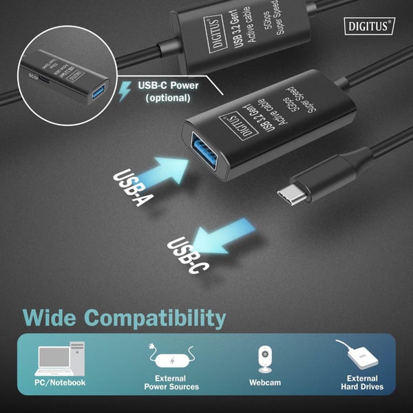 Digitus Aktives USB 3.2 Gen 1 Verlängerungskabel, USB-C Stecker > USB-A Buchse - Digitus - vue 6