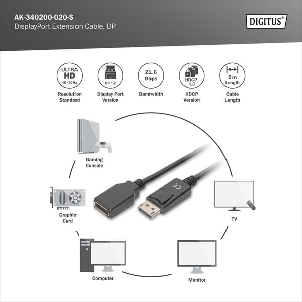 (€ 2,35 / 1 m) Digitus DisplayPort 1.2 Verlängerungskabel, Stecker > Buchse - Digitus - vue 4