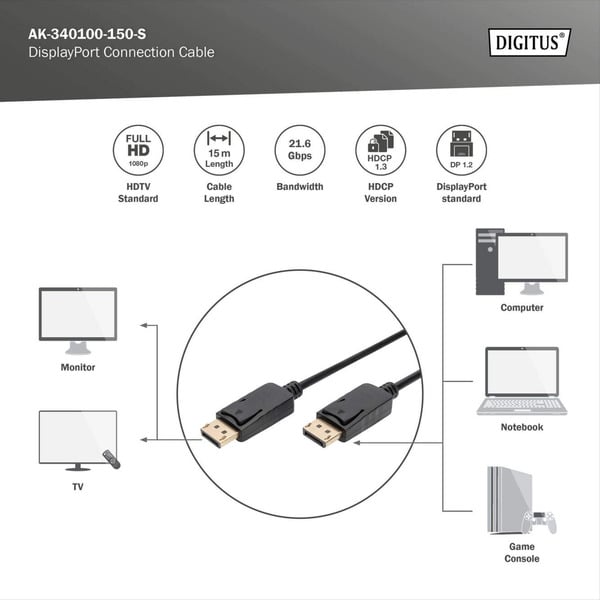 (€ 1,28 / 1 m) Digitus DisplayPort Anschlusskabel, Full HD 1080p - Digitus - vue 3