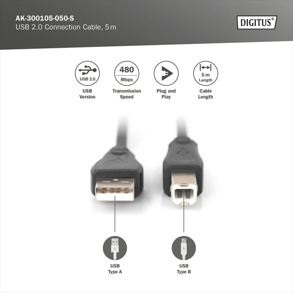 (€ 0,37 / 1 m) Digitus USB 2.0 Anschlusskabel USB-A (Stecker) > USB-B (Stecker) - Digitus - vue 5