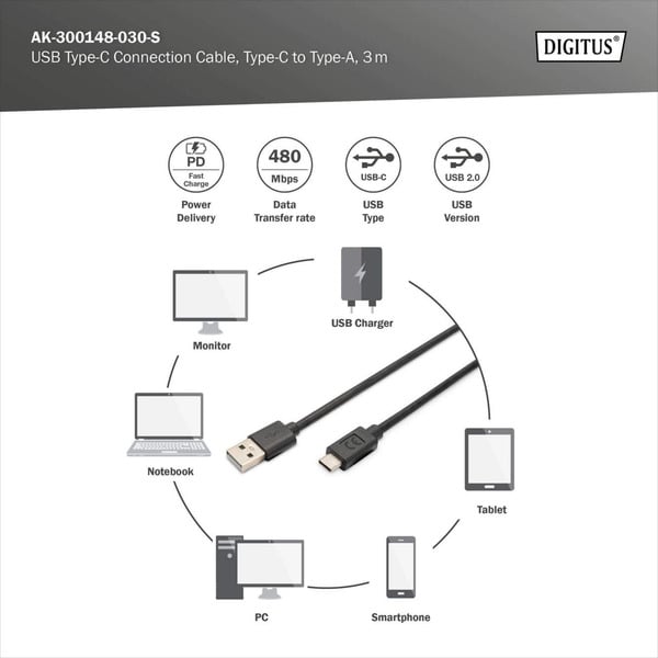 Digitus USB 2.0 Anschlusskabel USB-A > USB-C - Digitus - vue 5