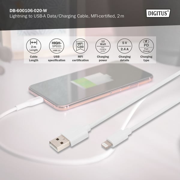 Digitus USB 2.0 Daten-/câble de charge USB-A > Lightning, MFI zertifiziert - Digitus - vue 3