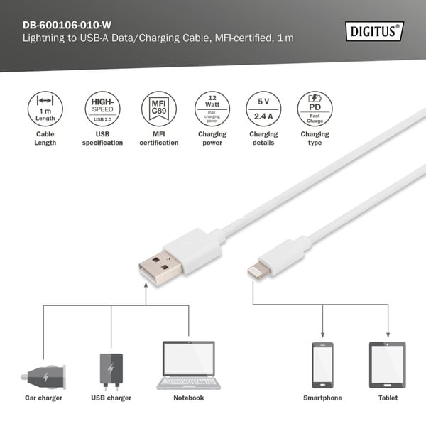 Digitus USB 2.0 Daten-/câble de charge USB-A > Lightning, MFI zertifiziert - Digitus - vue 5