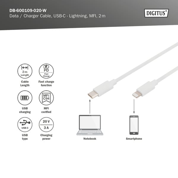 Digitus USB 2.0 Daten-/câble de charge USB-C > Lightning, MFI zertifiziert - Digitus - vue 4