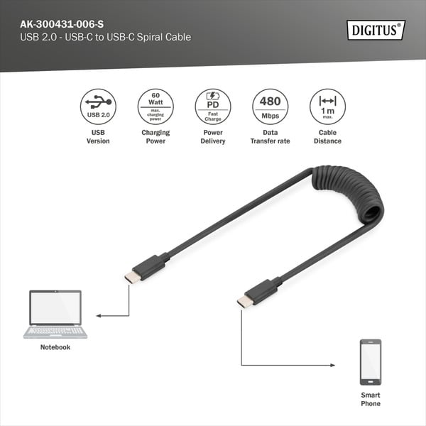 Digitus USB 2.0 Spiralkabel USB-C > USB-C - Digitus - vue 5