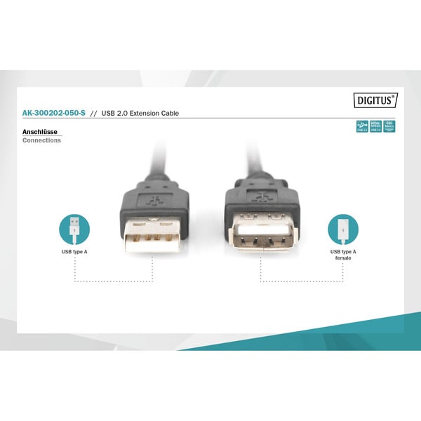 (€ 0,67 / 1 m) Digitus USB 2.0 Verlängerungskabel, USB-A Stecker > USB-A Buchse - Digitus - vue 3
