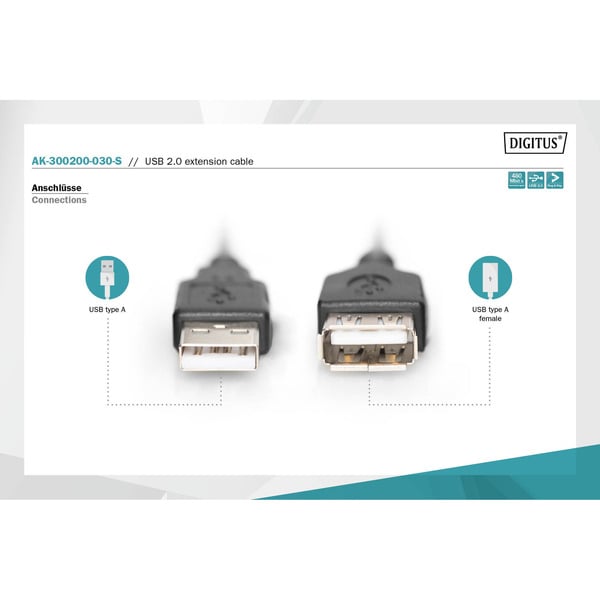 (€ 0,56 / 1 m) Digitus USB 2.0 Verlängerungskabel, USB-A Stecker > USB-A Buchse - Digitus - vue 3