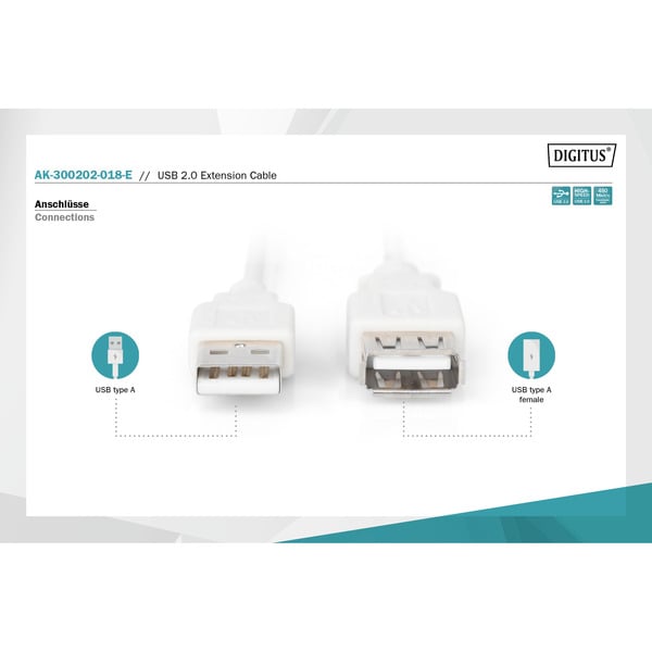 (€ 1,39 / 1 m) Digitus USB 2.0 Verlängerungskabel, USB-A Stecker > USB-A Buchse - Digitus - vue 3