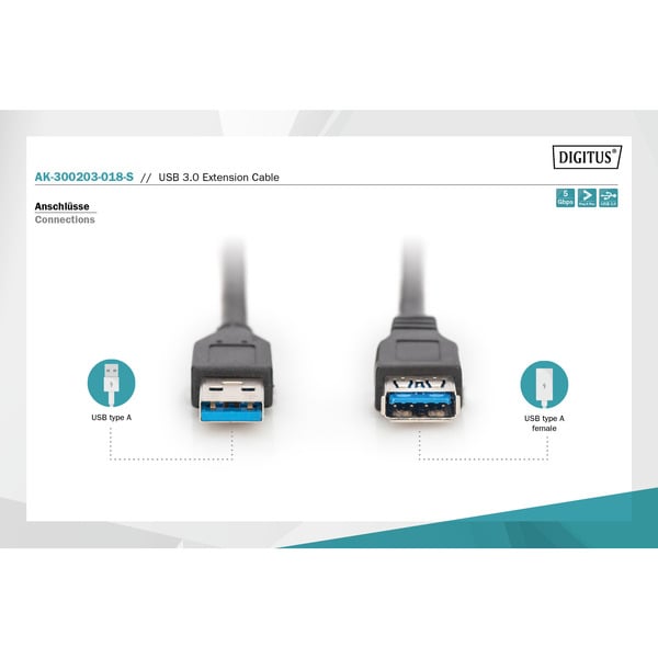 (€ 1,39 / 1 m) Digitus USB 3.2 Gen 1 Verlängerungskabel, USB-A Stecker > USB-A Buchse - Digitus - vue 3