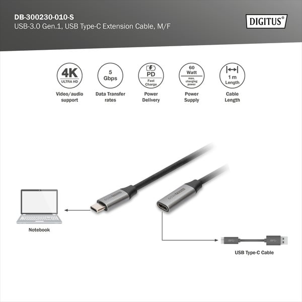 € 8,06 Digitus USB 3.2 Gen 1 Verlängerungskabel, USB-C Stecker > USB-C Buchse - Digitus - vue 3