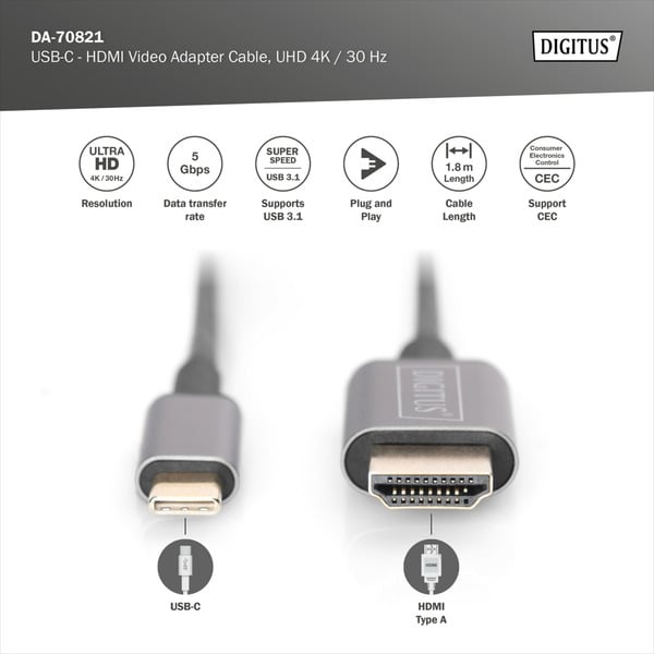 Digitus USB-C Adapterkabel USB-C > HDMI A, 4K @ 30HZ - Digitus - vue 4