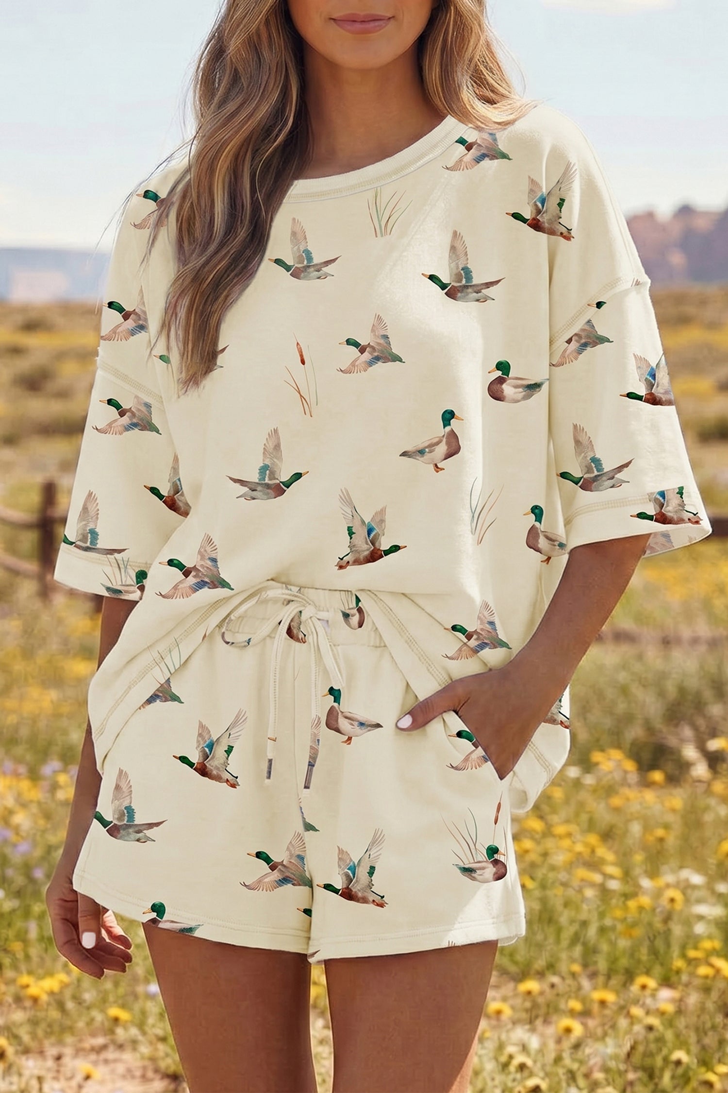 Beige Mallard Duck Print Oversized Tee Drawstring Short Set